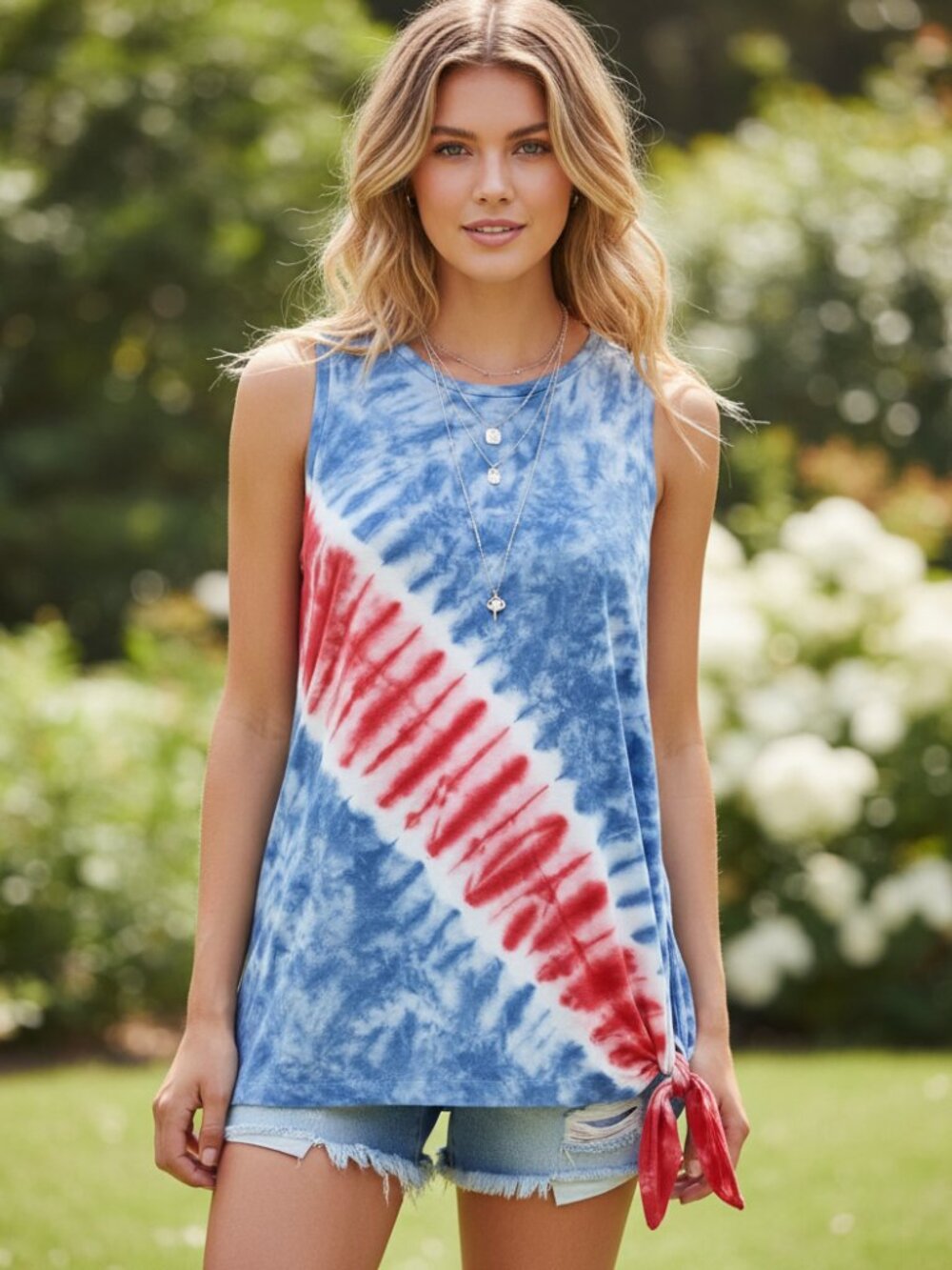 NEW Chaps S Red White Blue Tie Knit Tunic Top Casual Boho Chic Summer